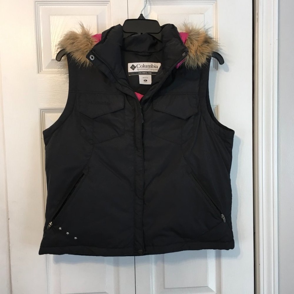 Columbia Down Faux Fur Hooded Puffer Vest Sz XL